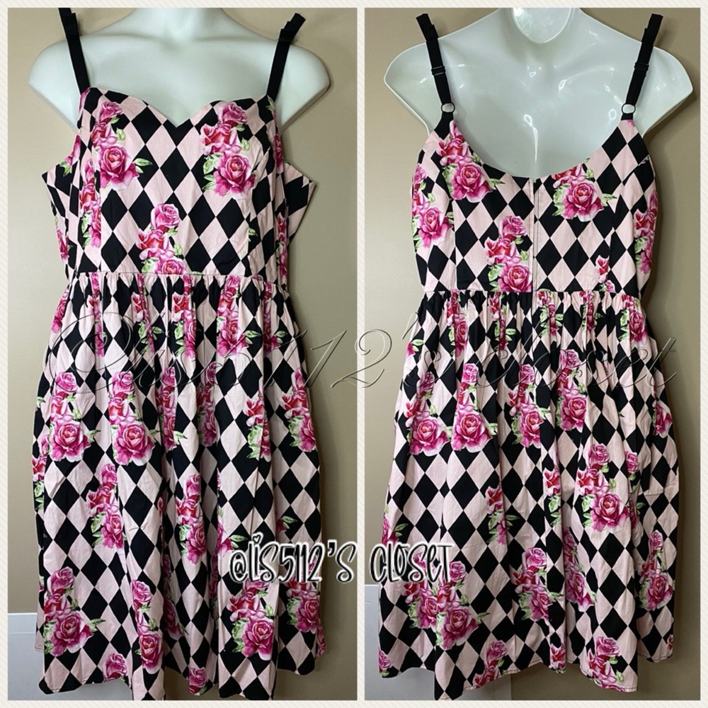 Hell Bunny Pink & Black Harlequin Rose 1950’s Pinup Swing Dress 4X UK22 fits 3X - Picture 12 of 15